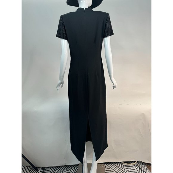 Richard Warren Petites Beaded Sleeve Long Black Dress 10P Black Acetate Blend - Picture 13 of 16